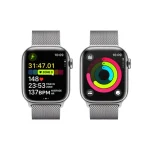 Apple Watch Series 9 with a stylish Silver Aluminium Case, displaying vibrant health and activity features on its Always-On Retina screen.