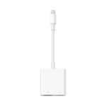 Apple Lightning to USB 3 Camera Adapter with Lightning connector, USB 3 port, and charging port, designed for easy connection to iPhone and iPad.