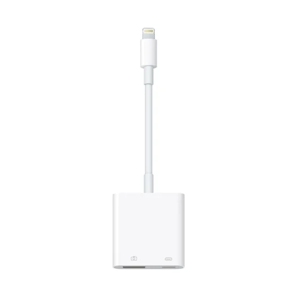 Apple Lightning to USB 3 Camera Adapter with Lightning connector, USB 3 port, and charging port, designed for easy connection to iPhone and iPad.